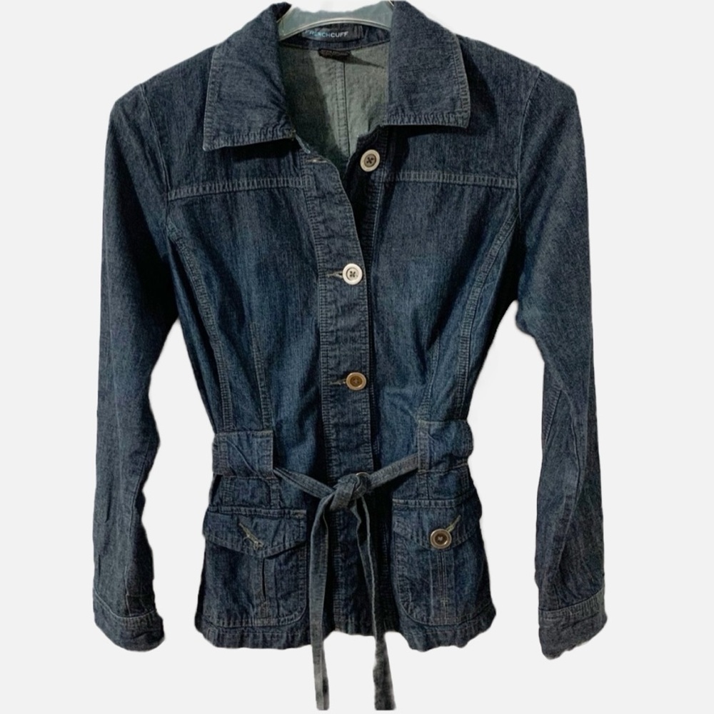 French Cuff Button Front Belted Short Trench Jean Jacket Collar Pockets Flaps